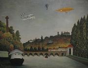 Henri Rousseau, View of the Pont Sevres and the Hills of Clamart, Saint-Cloud, and Bellevue with Biplane, Ballon and Dirigible By Henri Rousseau